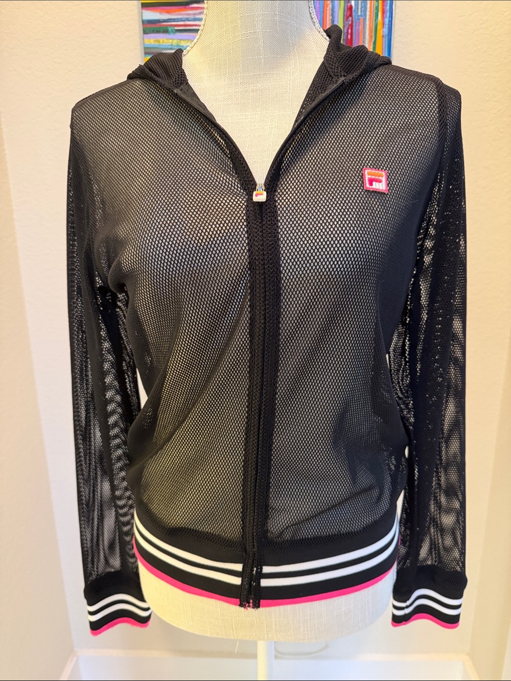 Fila Black Mesh Zip Hoodie with Pink Trim